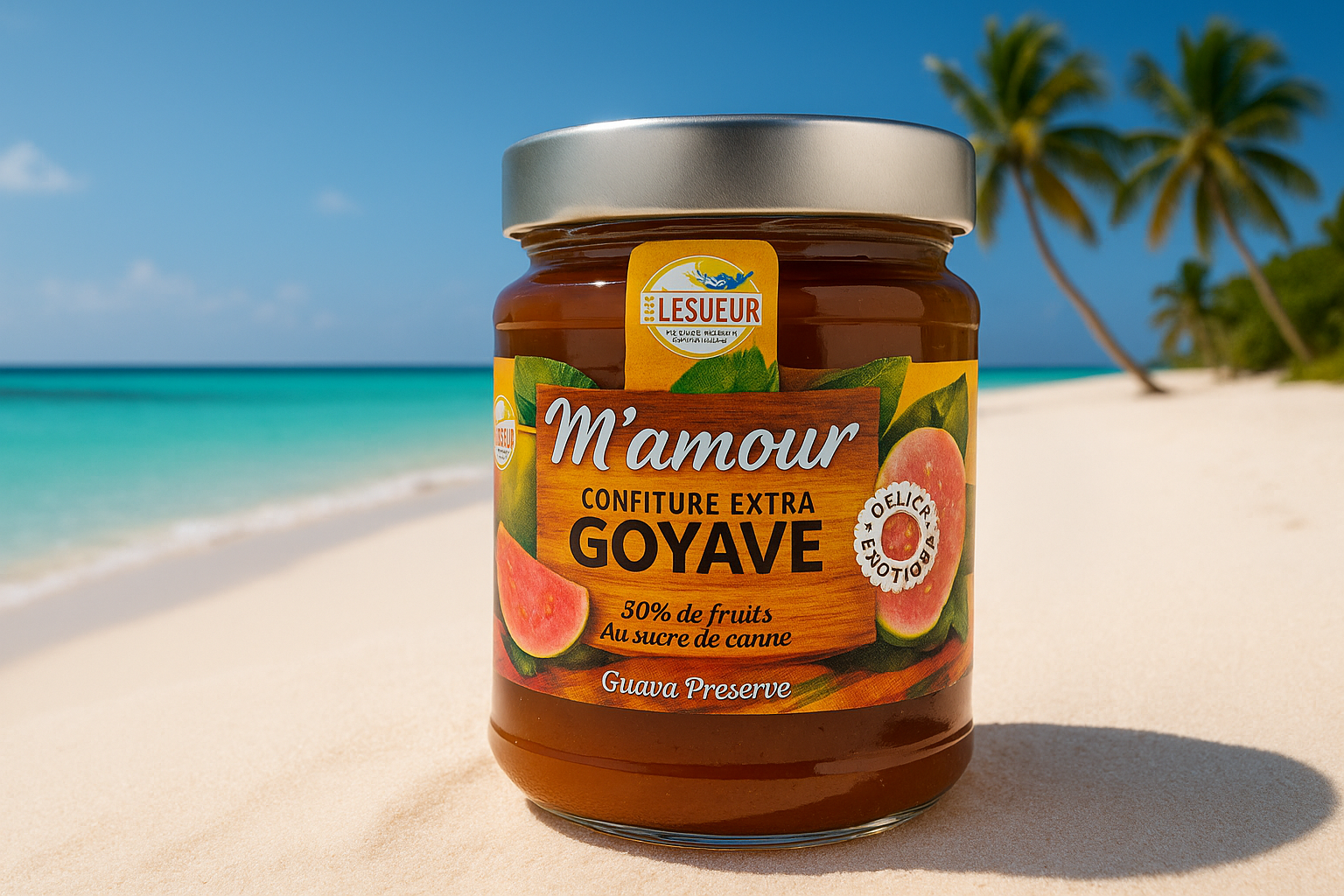 Confiture M'amour sur plage de sable blanc