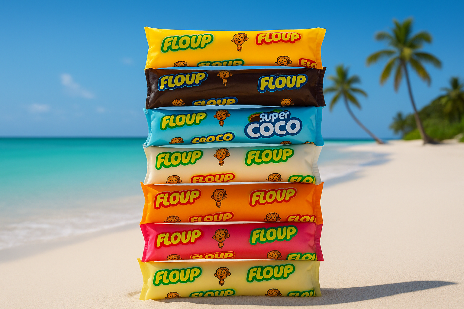 Floups sur plage de sable blanc