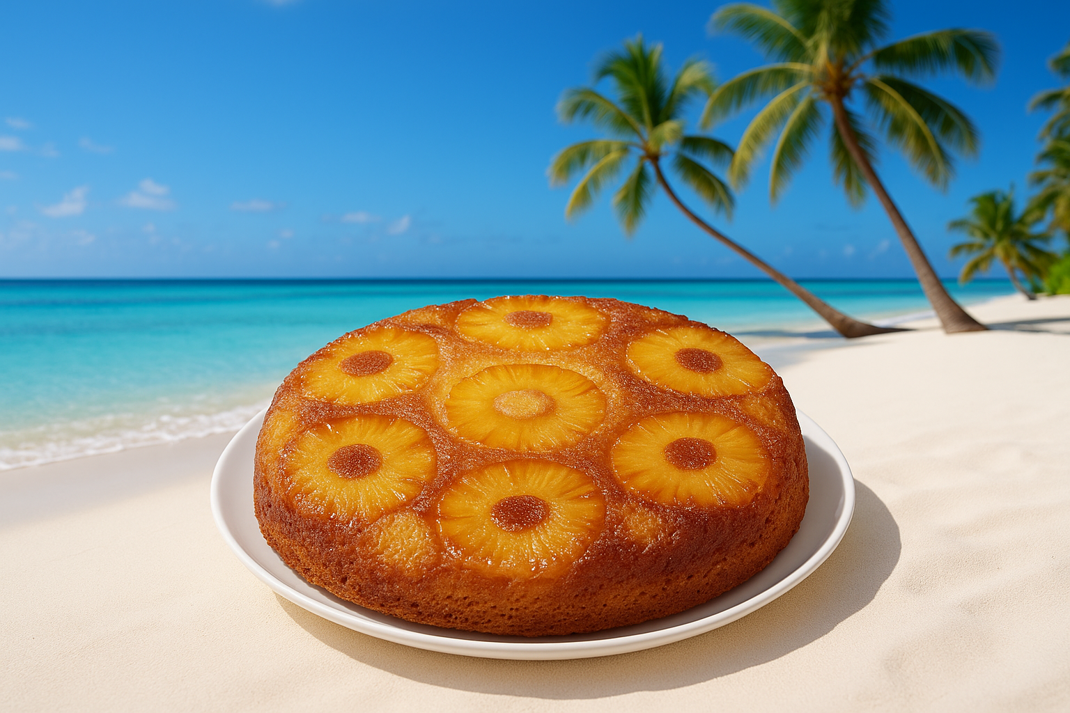 Gâteau à l'ananas sur plage de sable blanc