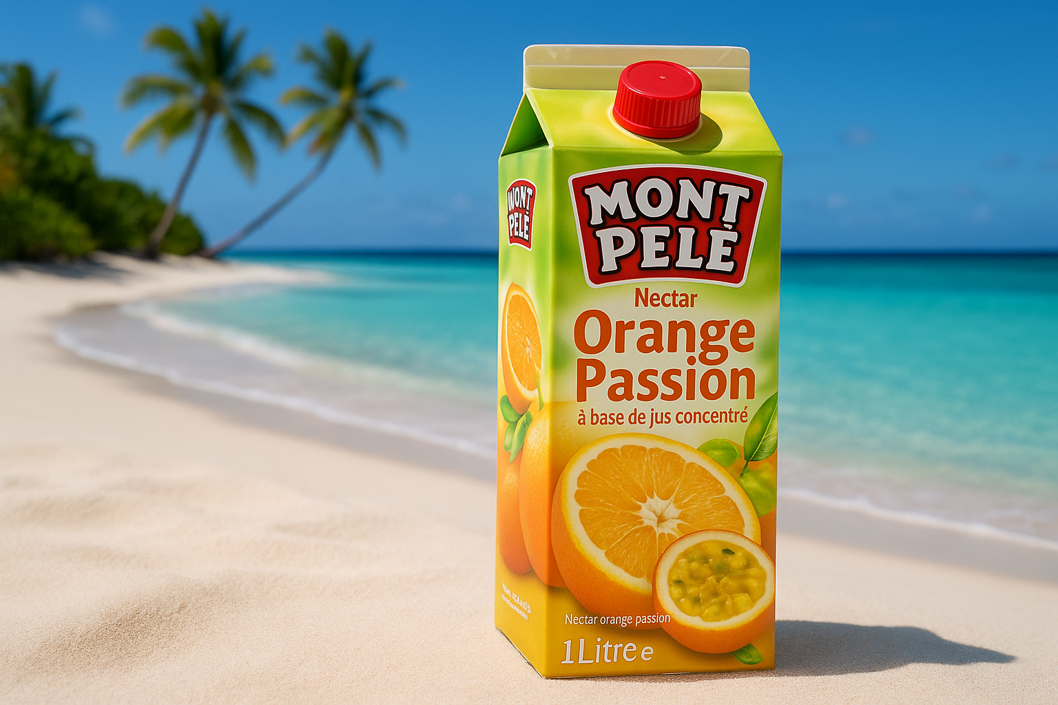 Mont Pelé Orange Passion sur plage de sable blanc