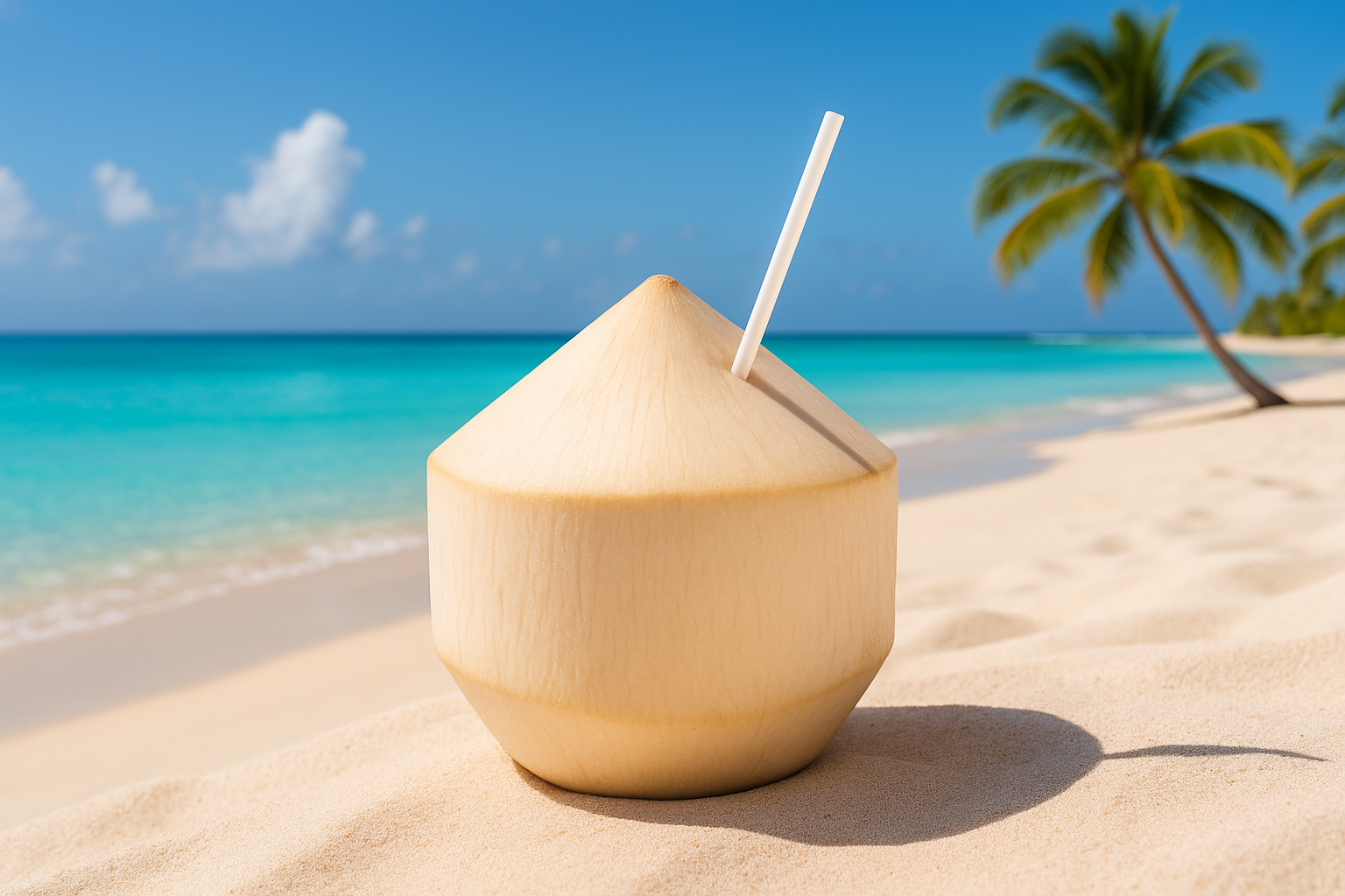 Noix de coco avec paille sur plage de sable blanc