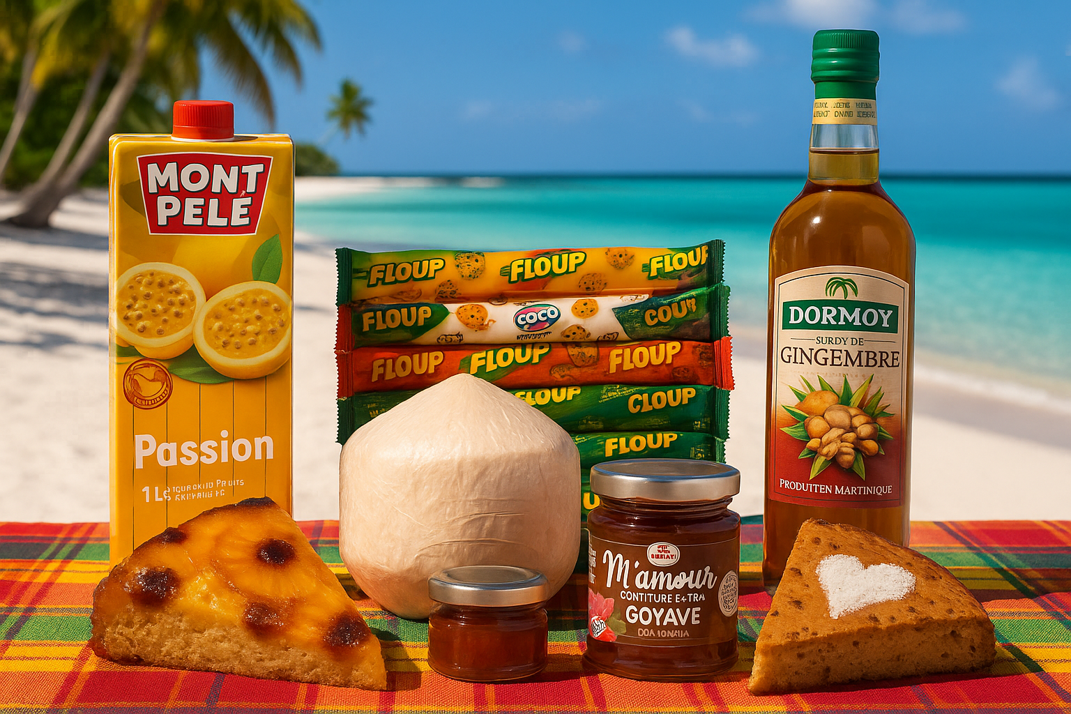 Produits antillais sur nappe madras à la plage
