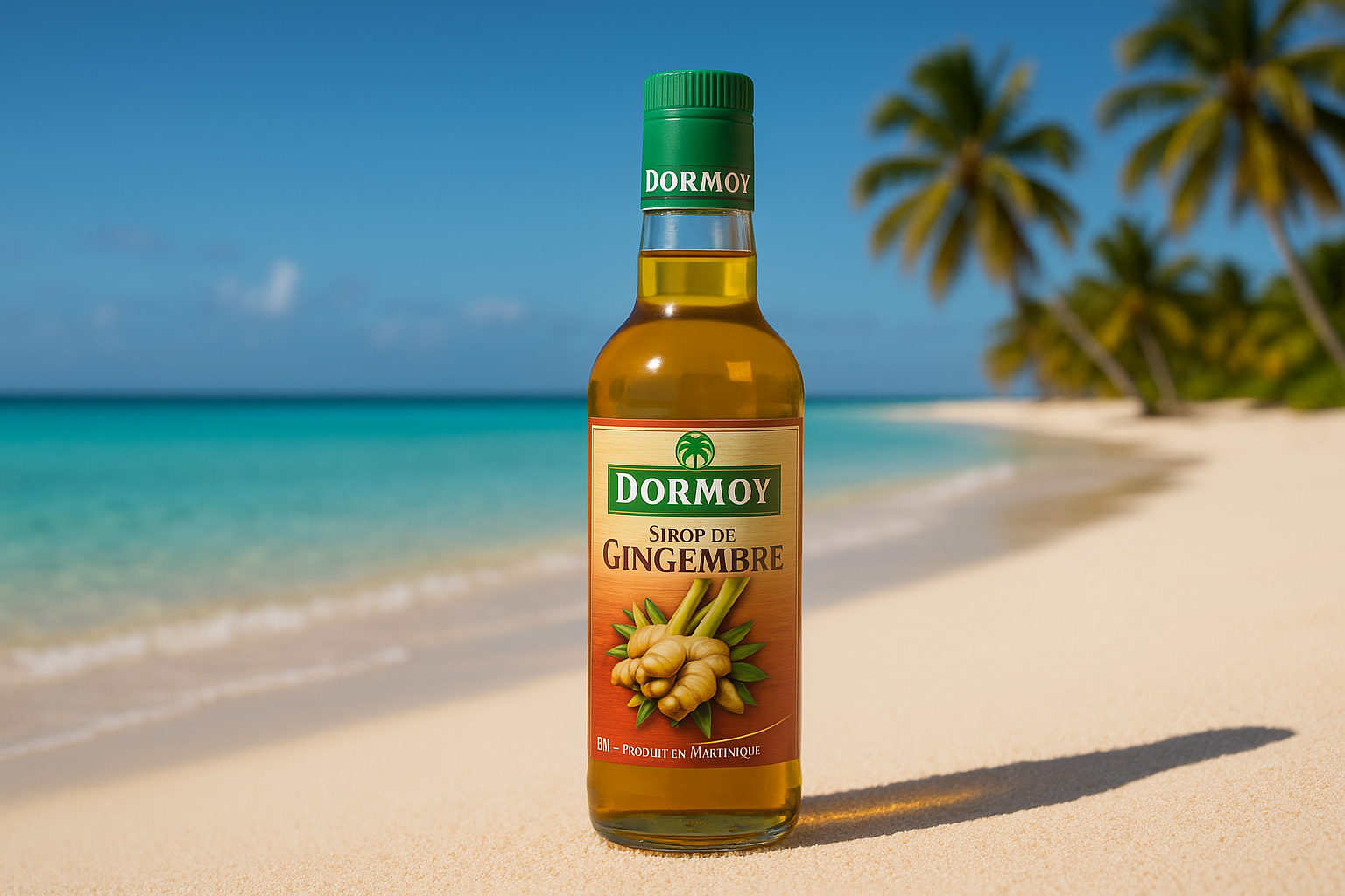 Sirop Dormoy sur plage de sable blanc